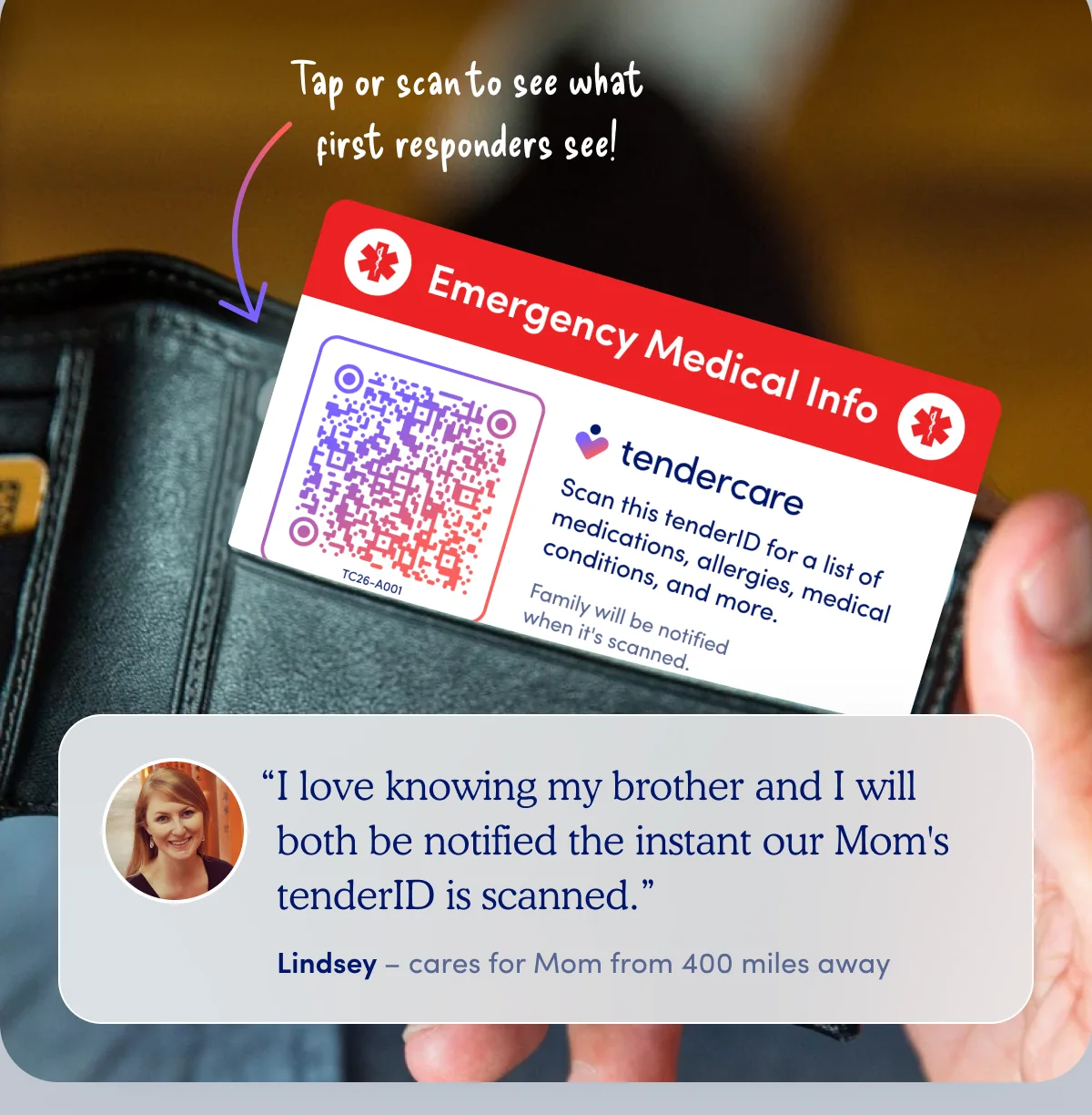 tenderID emergency medical card and wallet, with a caregiver testimonial